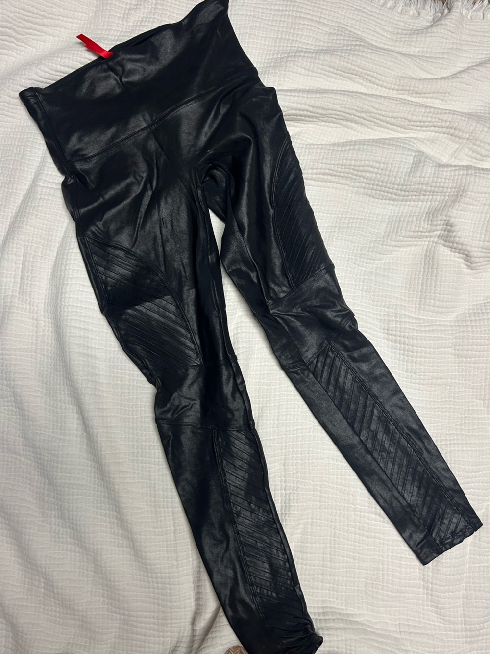 SPANX Black Shiny Faux Leather Leggings with Red Logo Tag moto